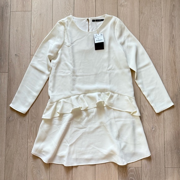 NWT Zara Long Sleeve Ruffle Mini Dress in Off White Size S Trafaluc Collection - Picture 2 of 16